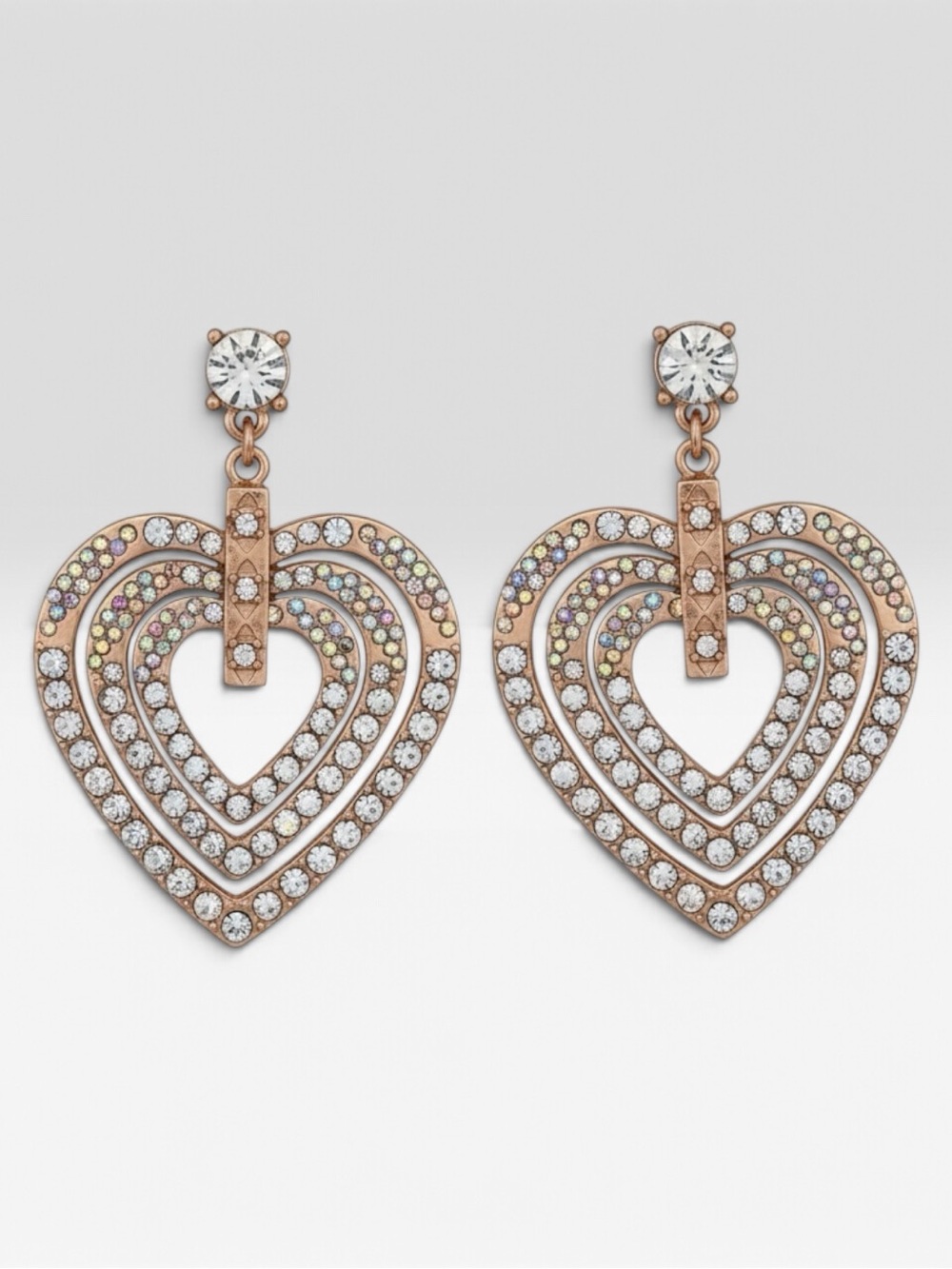 Betsey Johnson Rose Gold Heart Drop Earrings with Crystal Accents